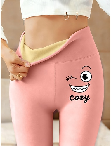  Mulheres leggings forradas de lã Leggings Férias Casual Comprimento total Cintura Alta Letra Térmico / Quente Confortável Engrossar Elasticidade Alta Ao ar livre Casual Diário Rosa Azul Verde Cinzento