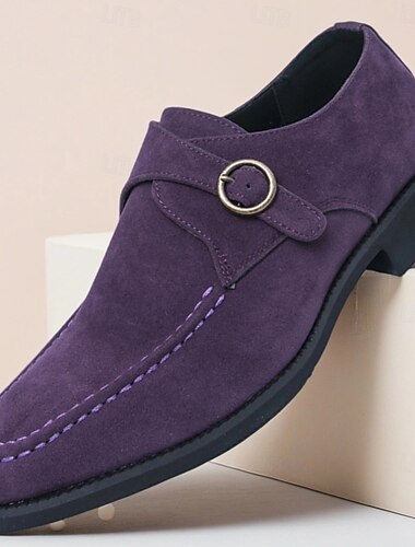  Herresko i lilla semsket skinn med munkreim og metallspenne, vintage britiske pensko for formelle arrangementer, fester og moteentusiaster