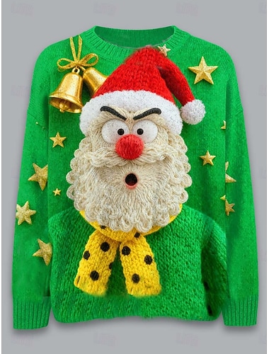  Ужасный свитер Рождество женский свитер стильная повседневная графика Клаус круглый вырез вязаные длинные рукава обычные топы вязаная работа зеленый осень зима