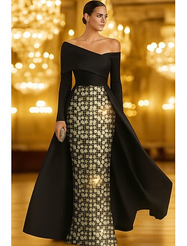  A-Linie Bodenlang Perlenbestickt Abendkleid Kleid der Brautmutter Abendkleid Ballkleid mit Überrock Festliche Kleidung Elegant Farbblock seidig Langarm Ein-Schulter Hochzeit Formell Satin