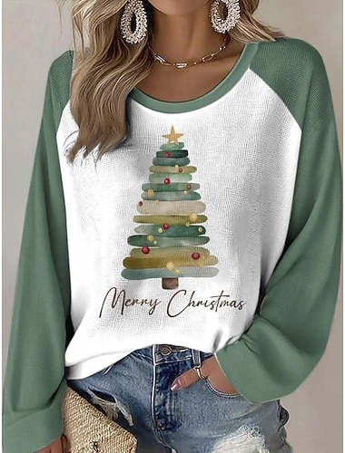  חולצת טי לנשים עם עץ חג המולד גרפית טובה אופנתית קלאסית ארוך שרוול צווארון עגול טופים רגילים יום יומי סוף שבוע הדפסה שחור אדום ירוק אביב סתיו חורף