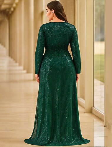  A-linje Gulvlang Formel kjole Aftenkjole Langærmet V-hals Elegant Årgang Plusstørrelse Spandex Polyester Kjole til brudens mor med Plissé Paillette