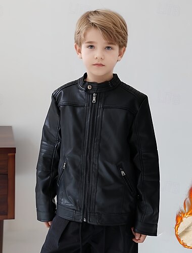Детские Мальчики Черная кожаная куртка Флисовая жилетка Жакет Верхняя одежда Полотняное плетение Длинный рукав Застегнуться ЗАЩИТА ОТ ВЛАГИ Сохраняет тепло Защита от ветра Пальто Повседневные   Детские Мальчики Черная кожаная куртка Флисовая жилетка Жакет Верхняя одежда Полотняное плетение Длинный рукав Застегнуться ЗАЩИТА ОТ ВЛАГИ Сохраняет тепло Защита от ветра Пальто Повседневные