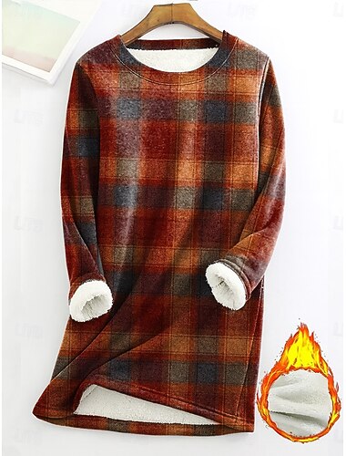  Femmes Sweatshirt Pull Plaid Occasionnel manche longue Col ras du cou Hauts Longs Tenue Quotidienne Occasionnel Jaune Rouge Bleu Hiver