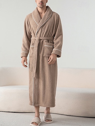  رجالي منامة ملابس للنوم ثوب الحمام سهل موضة أنيق كلاسيكي المنزل مناسب للبس اليومي سرير فلانل بوليستر الدفء راحة ناعم Lapel كم طويل الخريف الشتاء أزرق رمادي وردي بلاشيهغ