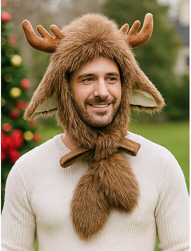 Cappello unisex natalizio a forma di renna – comodo cappello in pelliccia sintetica con corna e paraorecchie – accessorio perfetto per le feste per uomini e donne – materiale in poliestere   Cappello unisex natalizio a forma di renna – comodo cappello in pelliccia sintetica con corna e paraorecchie – accessorio perfetto per le feste per uomini e donne – materiale in poliestere