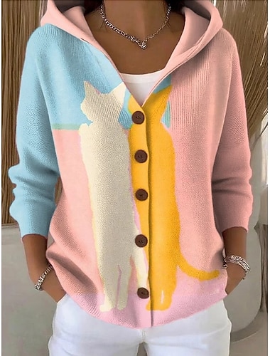  Per donna Felpa Cardigan Vacanza Moda Streetwear Grafico Gradiente di Colore A Coste Con Cappuccio Tasca Lavorato a maglia Stampato Manica Lunga Top Regolari Maglia All'aperto Quotidiano Weekend Rosa