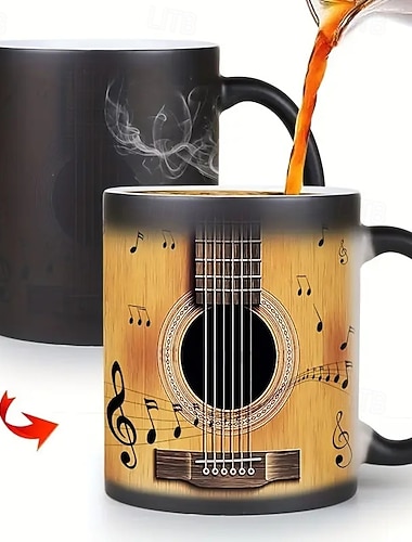  マジックギターマグ 色が変わるギター セラミックマグ 350ml 再利用可能 手洗いのみ リサイクル可能 クリスマス ハロウィン 感謝祭 バレンタインデー 母の日テーマ 音楽用マジックギターカップ