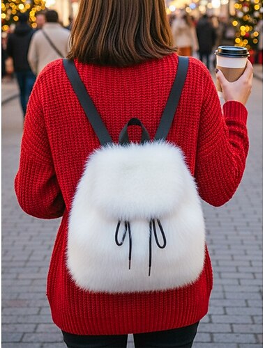  Dameryggsekk med fuskepels, stilig snøringryggsekk for fritidsbruk, mykt plysjmateriale, perfekt for hverdagsbruk og vinterantrekk