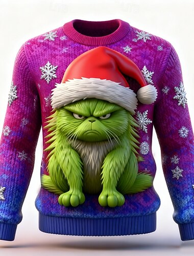  Stygg julegenser Herre 3D-utskrift Tegneserie karakter Pullover genser Strikketøy Crewneck Fritid Feriereise Daglig Festival Hold Varm Langermet Vår Høst Vinter Rød Blå Lilla