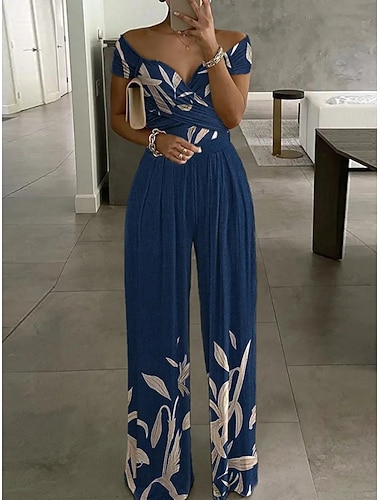  Women's Normal Jumpsuit Elegant Floral Short Sleeve Wide Leg Off Shoulder High Waist Vacation Daily Regular Fit Black White Red Summer