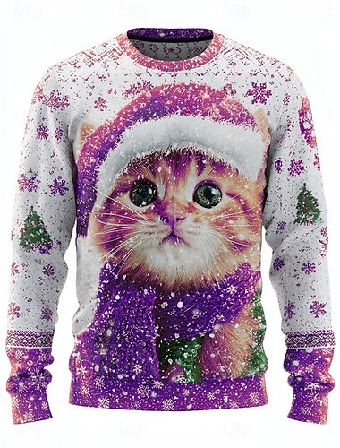  Noël Femmes Animaux Chat Flocon de Neige Pullover Sweatshirt Graphique Animal Chat Actif Mignon Décontracté Manches Longues Col Ronde Tops Réguliers Street Casual Impression Jaune Rouge Violet