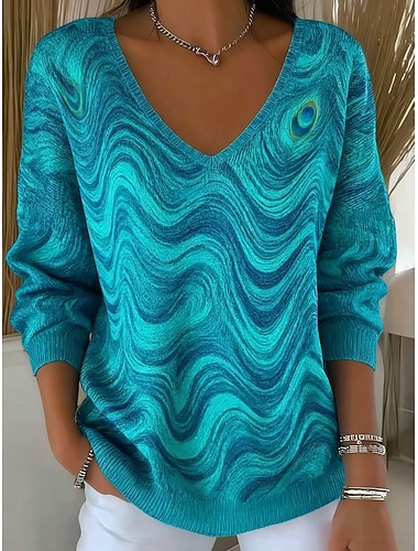 Dame Genser Mote Gatemote Fritid Grafisk Stripet V-hals Overstørrelse Strikket Langermet Vanlige topper Strikke utendørs Daglig Blå Vår Høst   Dame Genser Mote Gatemote Fritid Grafisk Stripet V-hals Overstørrelse Strikket Langermet Vanlige topper Strikke utendørs Daglig Blå Vår Høst