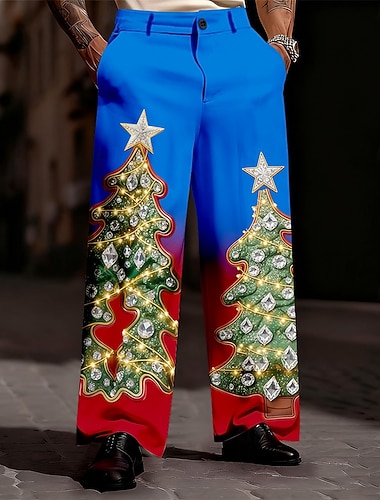  Noël Homme Arbre de Noël Dégradé de Couleur Pantalons Dress Pants works Pantalons de Costume Taille Moyenne Mode Décontractée Extérieur Fête Pantalon habillé coupe décontractée à devant plat avec