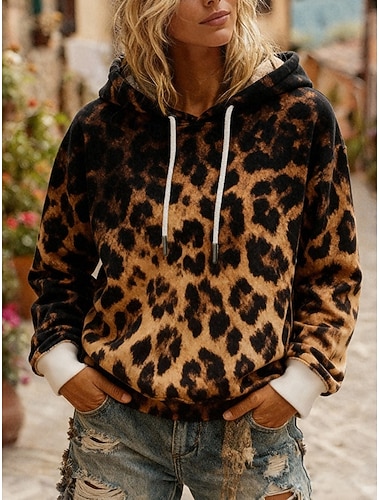 Γυναικεία Pullover Με Κουκούλα Λεοπάρ Μοντέρνα Κομψό στυλ street Καθημερινό Μακρυμάνικο Με Κουκούλα Κανονικά μπλουζάκια Καθημερινή Ένδυση Causal Κορδόνι Στάμπα Καφέ Άνοιξη Φθινόπωρο