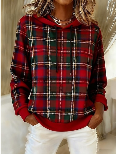  Felpa con Cappuccio per Donna Grafica a Quadretti Casual a Maniche Lunghe Top Regolari per Quotidiano Stradale Casual Rosso Autunno Inverno
