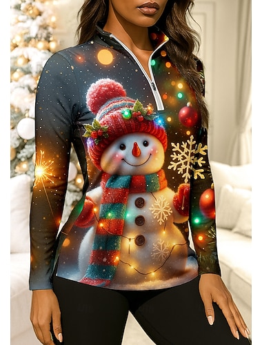  Noël Femmes Bonhomme de neige Impression 3D Drôle Eclairage de Noël Chemise T-shirt de sport T-shirt POLO Chemise de tennis manche longue Fermeture éclair Floral UPF50+ Résistant aux UV Haute