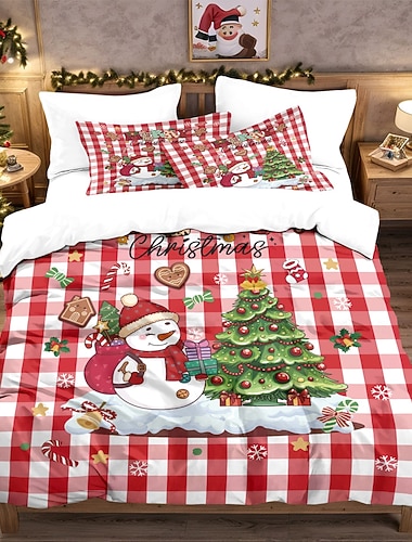  Julerødt ternet snemandstrykt 3-delt dundynebetræk, komfortabelt sengetøj til hotel eller soveværelse, inkluderer 1 dynebetræk + 2 pudebetræk, stor seng, blød kort plys