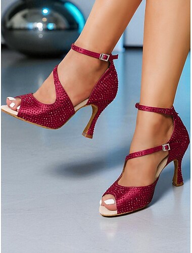  Rode satijnen strass-dansschoenen voor dames - open teen enkelband hoge hak sandalen voor Gatsby-feestjes &ballroomdans