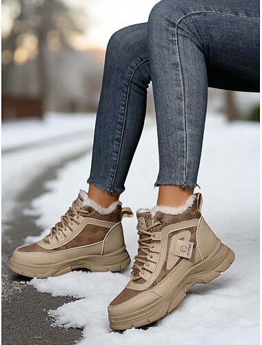  أحذية قتالية نسائية مبطنة بالفرو باللون الكاكي، أحذية شتوية دافئة غير رسمية بنعل مضاد للانزلاق، أحذية خارجية مريحة للطقس البارد والسفر