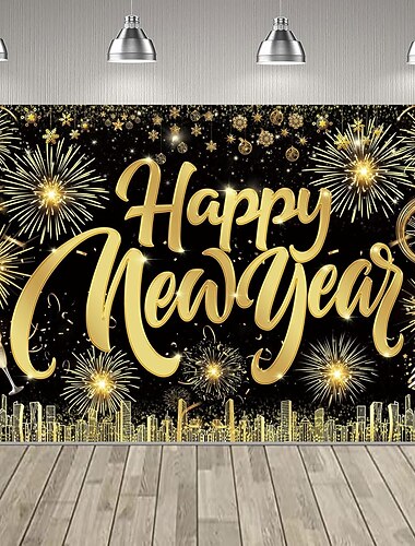  Svarta och guldiga dekorationer i nyårsafton med paljettbakgrund – glitterbanderoll i svart guld med tyg för gott nyttårsfest 2026, fotoautomat &dekoration för högtidsfirande