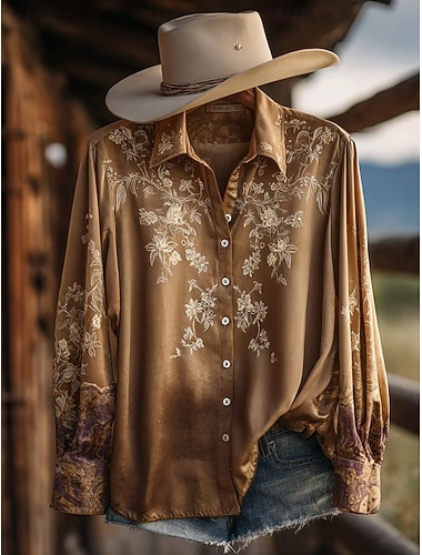  בגדי ריקוד נשים חולצה פרחוני גראפי וינטאג' יום יומי שרוול ארוך צווארון חולצה חולצות רגילות יומי טלאים כפתורים דפוס כחול נייבי חום קיץ אביב סתיו חורף