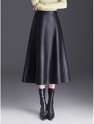  Жен. Юбки А-силуэт Элегантный стиль Мода На каждый день Средней длины Завышенная Подол Полотняное плетение Слабоэластичная Для улицы Повседневные Черный Кофейный Весна Искусственная кожа