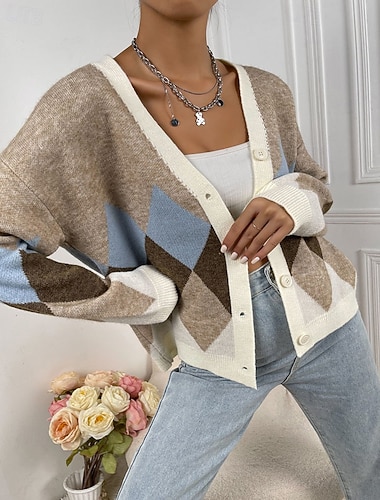  Per donna Felpa Cardigan Elegante Moda Streetwear Geometrico Blocco di colori Scollo a V Lavorato a maglia Stampato Manica Lunga Top Regolari Maglia All'aperto Lavoro Quotidiano Giallo Autunno Inverno