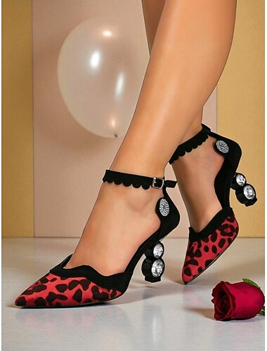  Zapatos de tacón cuadrado con diamantes de imitación y estampado de leopardo rojo para mujer con correa en el tobillo: zapatos de fiesta atrevidos para la vida nocturna y las celebraciones navideñas.