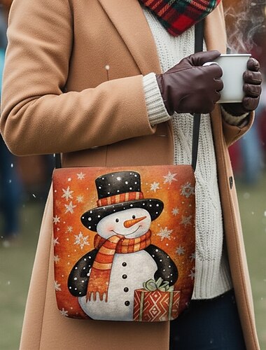  Dameveske med julesnømann og snøfnuggtrykk – til julehandel, julebord og vinterutflukter
