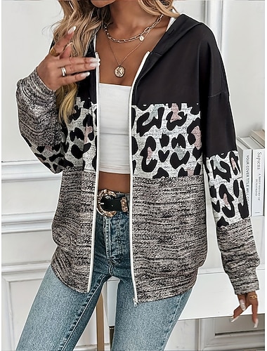  Femmes Sweats à capuche zippés Graphique Léopard Bloc de Couleur Mode Streetwear Occasionnel manche longue À capuche Hauts Réguliers Tenue Quotidienne Occasionnel Fermeture éclair Imprimé Noir