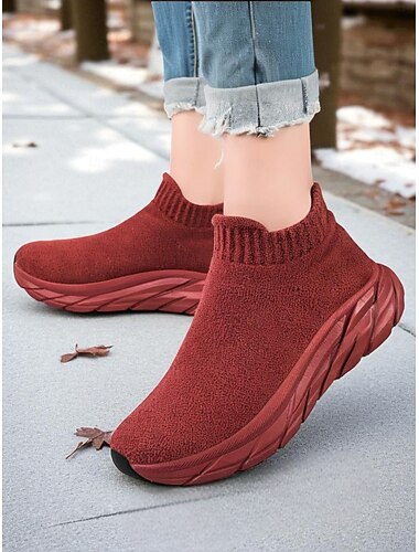  Damesneakers i burgunderfarget strikkede sokker – varme vintersko med elastisk ankelpassform, komfortable julesko for utendørs og fritidsbruk