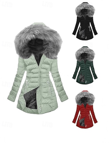  نسائي معطف شتوي أسفل الدفء مريح سحاب جيب موضة كاجوال سهل عطلة شارع فضفاض مناسب للبس اليومي طويلة مع قبعة عادي كم طويل ملابس خارجية أسود أخضر فاتح خضار العسكري الخريف الشتاء