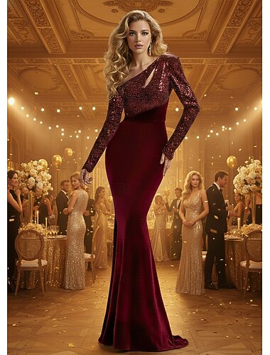Русалка Вечернее платье Элегантный стиль Торжественное платье Официальные Свадьба С коротким шлейфом Длинный рукав На одно плечо Пайетки с Блеск Пайетки 2025   Русалка Вечернее платье Элегантный стиль Торжественное платье Официальные Свадьба С коротким шлейфом Длинный рукав На одно плечо Пайетки с Блеск Пайетки 2025