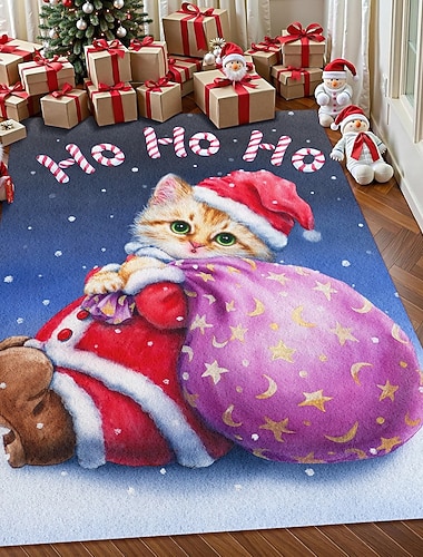  Weihnachtskatze mit Geschenktüte Bereichsteppich für Wohnzimmer und Schlafzimmer Faux Cashmere süßes Kätzchen im Weihnachtsmannhut Feiertags Teppich Ho Ho Ho festliche Kunst weicher rutschfester