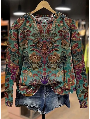  Γυναικεία Φούτερ πουλόβερ Φλοράλ Γραφική Λαχούρι Καθημερινό Μακρυμάνικο Στρογγυλή Λαιμόκοψη Κανονικά μπλουζάκια Δρόμος Καθημερινή Ένδυση Causal Κουρελού Σκούρο πράσινο Άνοιξη Φθινόπωρο Χειμώνας