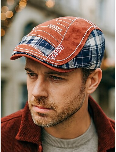  Miesten puuvillainen ruudullinen litteä lippis, vintage-tyylinen newsboy-hattu säädettävällä istuvuudella, tyylikäs joululahja rentoon asuun ja ulkoiluun.
