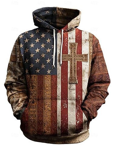  Men's Cross American Flag Hoodie Fashion Casual Vintage Retro Long Sleeve Hooded Vacation Party Streetwear Festival Blue Brown Printing Fall Winter Designer S M L XL 2XL 3XL
