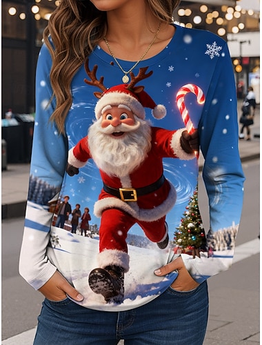 Weihnachten Damen T Shirt Grafik Weihnachtsmann Vintage Mode Stilvoll Langarm Rundhalsausschnitt Normale Oberteile Täglich Wochenende Druck Rote Blau Staubiges Blau Herbst Winter   Weihnachten Damen T Shirt Grafik Weihnachtsmann Vintage Mode Stilvoll Langarm Rundhalsausschnitt Normale Oberteile Täglich Wochenende Druck Rote Blau Staubiges Blau Herbst Winter