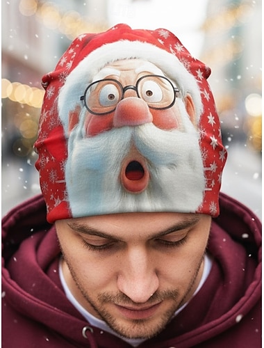  Mütze mit Weihnachtsmuster für Herren – kann als Halstuch verwendet werden, festliches Rot, mit Weihnachtsmann-Aufdruck, weich und vielseitig, geeignet für Feiertagspartys und als Winterkleidung