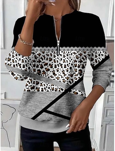  Жен. Пуловер Толстовка Толстовки с застежкой-молнией Графика Геометрический принт Контрастных цветов Мода На каждый день Длинный рукав Вырез под горло Обычные топы Для улицы На каждый день