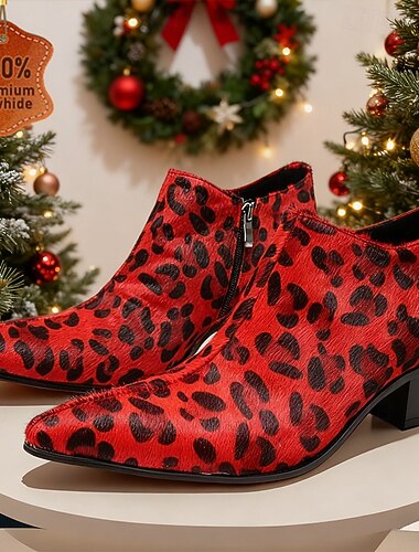  Rode enkellaarsjes van leer met luipaardprint voor heren – opvallende kerstschoenen voor feestdagen en informele feestelijke gelegenheden