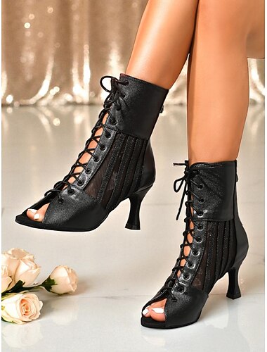  damskie czarne sznurowane botki z odkrytymi palcami, siateczkowe buty do tańca na wysokim obcasie na wieczorne gale, bale maturalne &stroje imprezowe