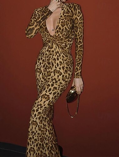  Damen Langes Kleid Maxikleid Partykleid Cocktailkleid Elegant Mode Modern Abendgesellschaft Party Cocktailparty Normale Passform Leopard Langarm V Ausschnitt Leopard Herbst Winter