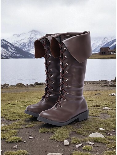  Damenstiefel aus braunem Kunstleder mit Stulpe und Schnürung im Mittelalter-Stil – historisches Schuhwerk für Wikinger-Piratenkostüme für Cosplay und Renaissance-Messen