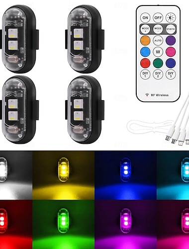  Feux stroboscopiques sans fil avec télécommande, LED 8 couleurs, anti-collision, chargement USB, étanches, feux d'avertissement d'urgence pour camion, drone, avion, vélo