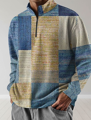  Per uomo Plaid Felpa Moda Quotidiano Classico Casual Manica Lunga Collo alla coreana Zip a un quarto All'aperto Casa Ufficio Lavoro Blu Viola Verde Con zip Autunno Inverno progettista S M L XL XXL