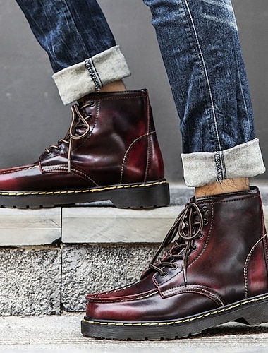 Herre burgunderfargede arbeidsstøvler i skinn med snøring, vintage, uformelle ankelstøvletter, slitesterke utendørsstøvler &sko til hverdagsbruk   Herre burgunderfargede arbeidsstøvler i skinn med snøring, vintage, uformelle ankelstøvletter, slitesterke utendørsstøvler &sko til hverdagsbruk