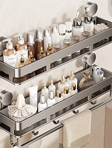  رف تخزين بكأس شفط لحوض غسيل الحمام والمرحاض بدون حفر، رف تخزين مرتفع مثبت على الحائط، رف معلق