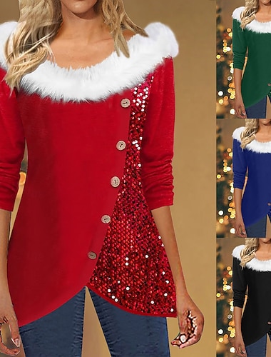  Natal Mulheres Blusa Côr Sólida à moda Casual Manga Longa Decote V Tops regulares Diário Paetês Patchwork Preto Vermelho Azul Real Verde Primavera Outono Inverno
